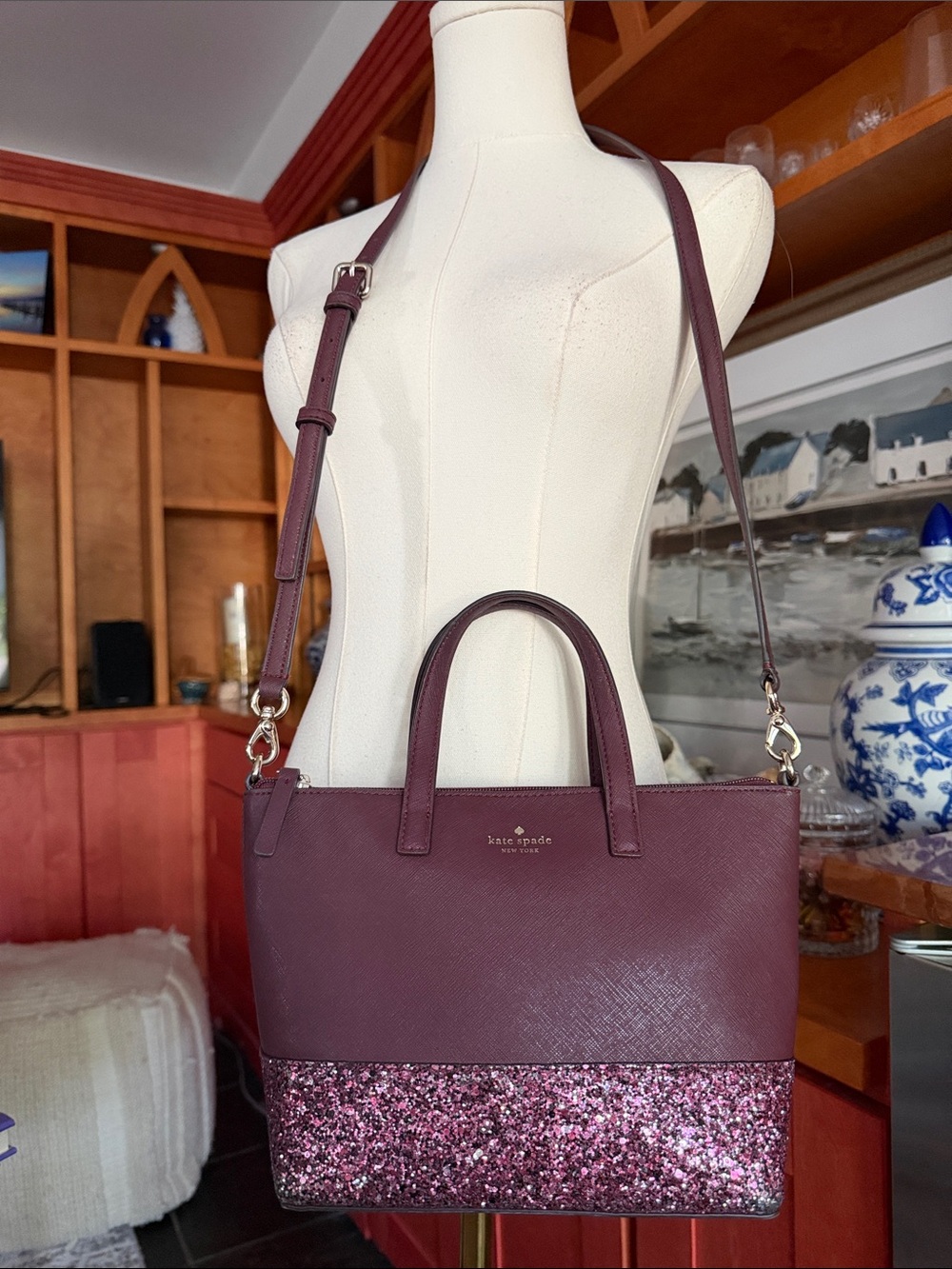 Kate Spade Plum Leather Tote with Pink Glitter Accent Crossbody Top Handle EUC